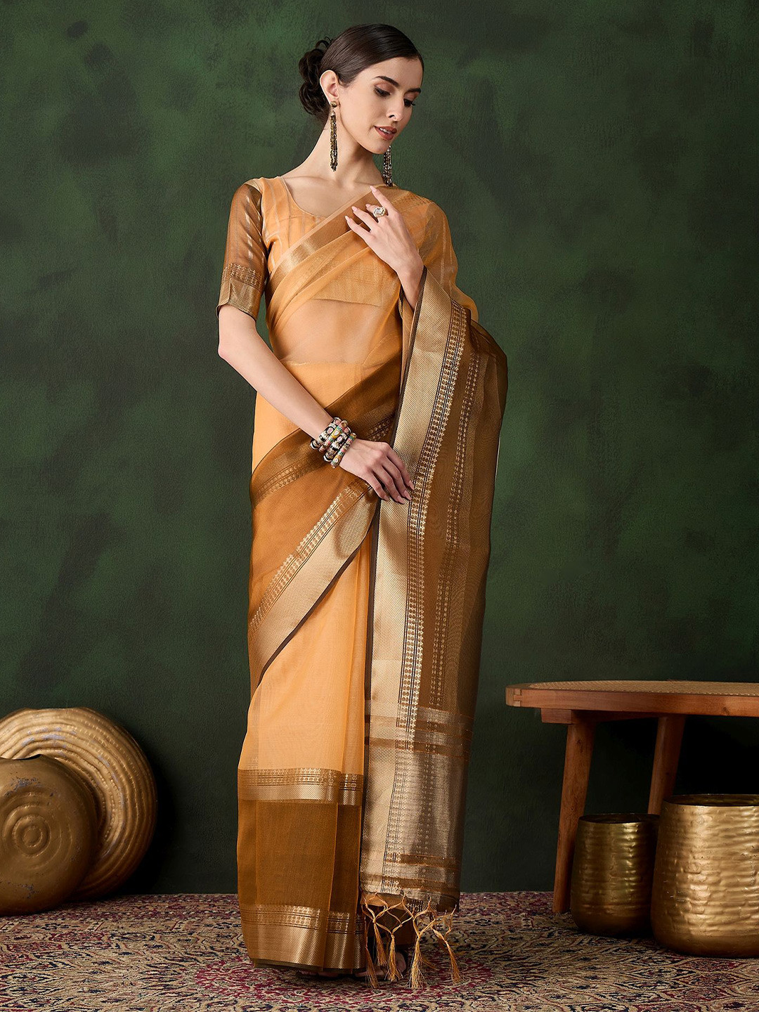 Leeza Store Zari Border Organza Banarasi Saree