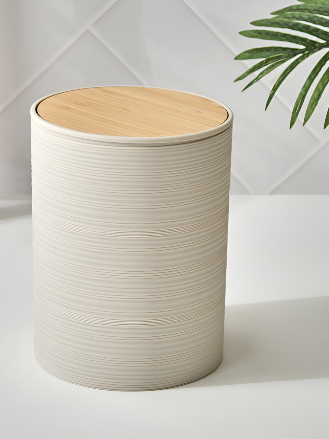 Home Centre Beige Intelio Boyle PVC Swing Waste Bin With Bamboo Lid - 6L