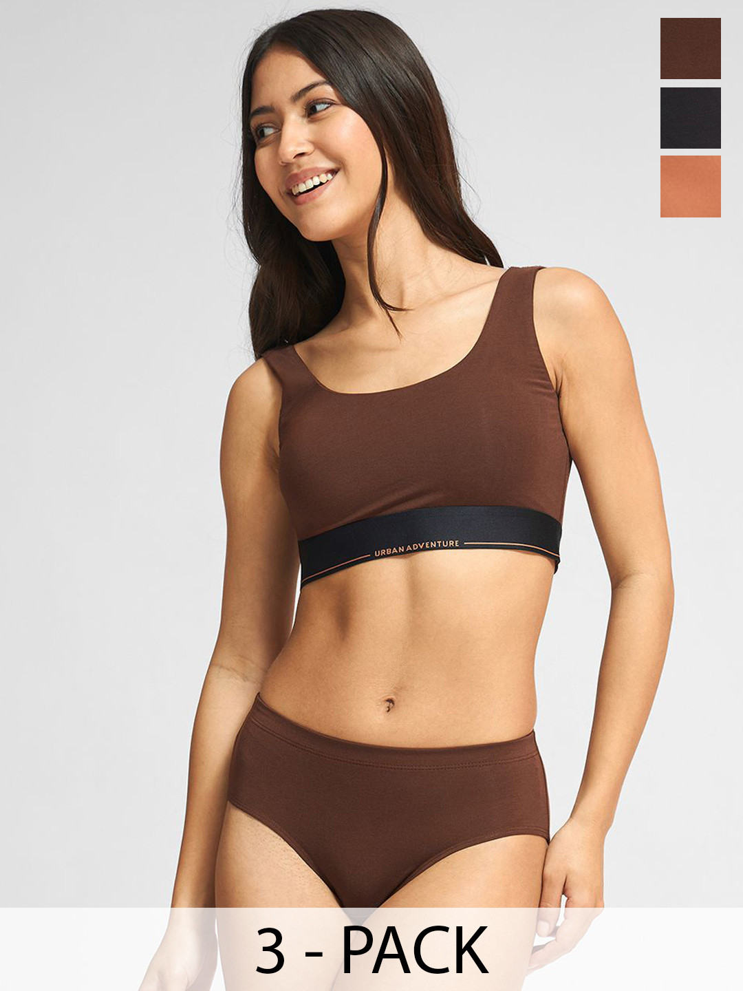 URBAN ADVENTURE Pack Of 3 Mid-Rise Hipster Briefs 3UAW-020(BLK-CHOC-NUDE)