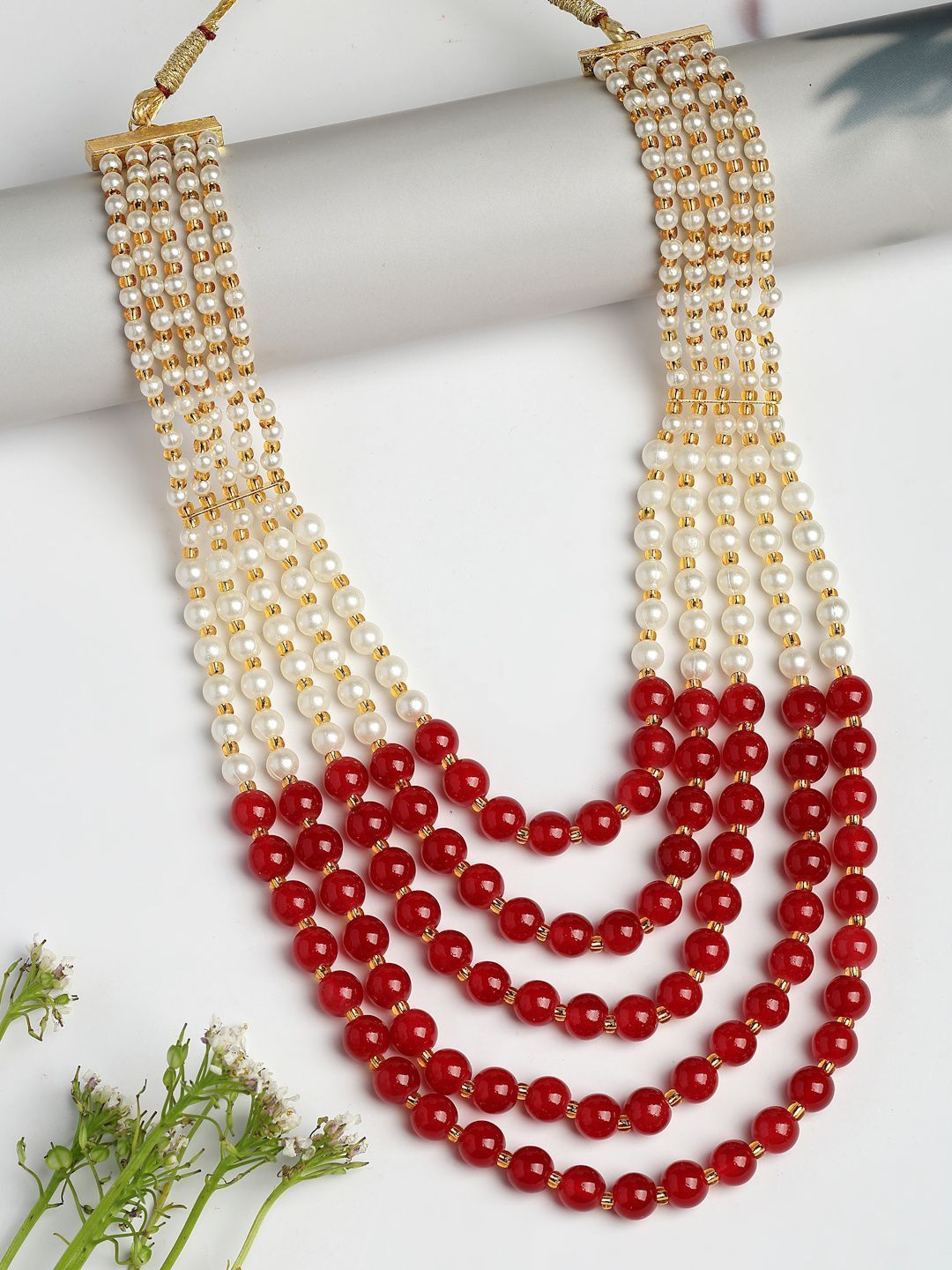 Anouk Gold-Plated Handcrafted Red & White Beaded Layered Necklace