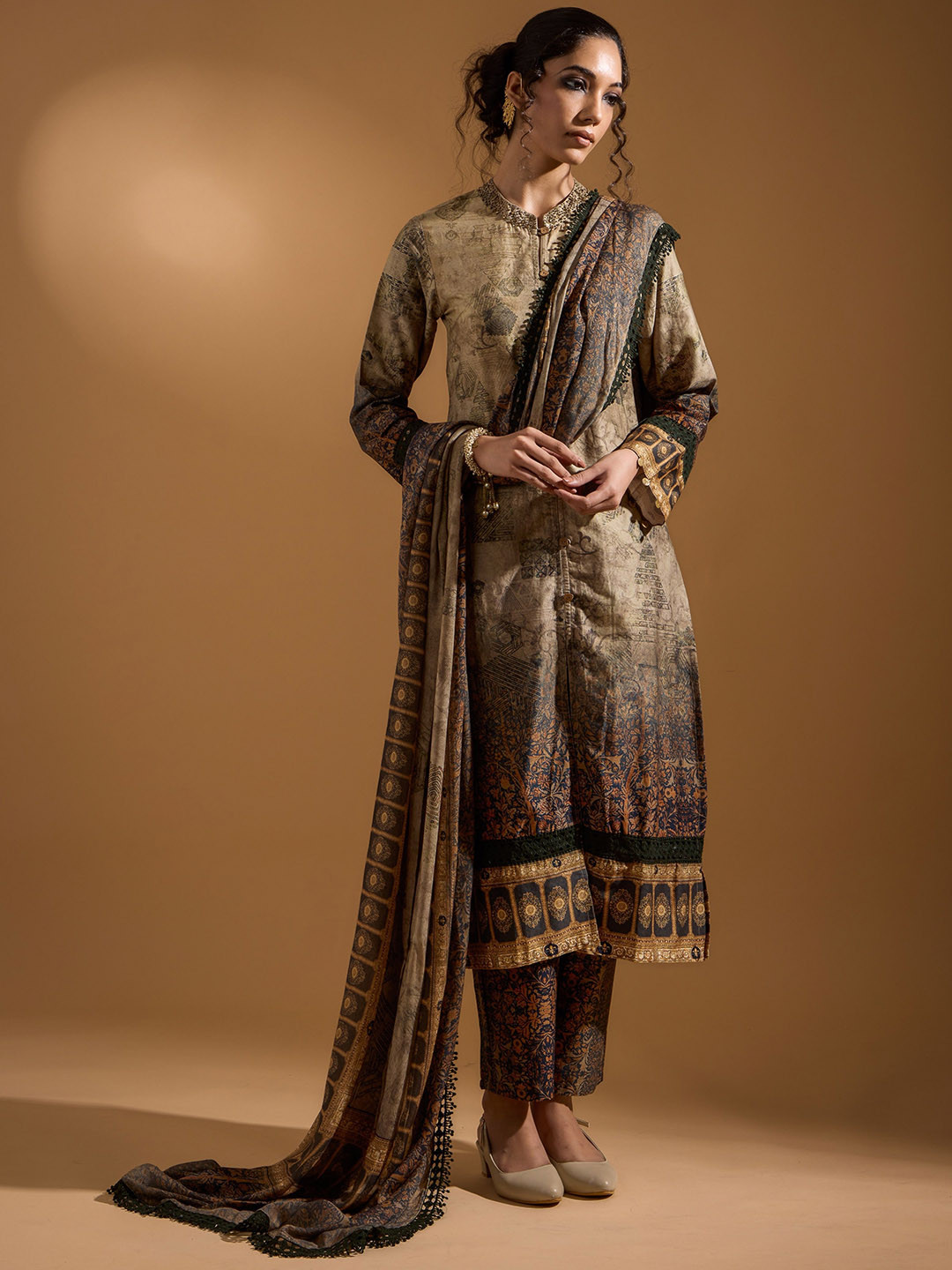 SAROJ Ethnic Motifs Embroidered Pure Cotton Straight Kurta With Trousers And Dupatta