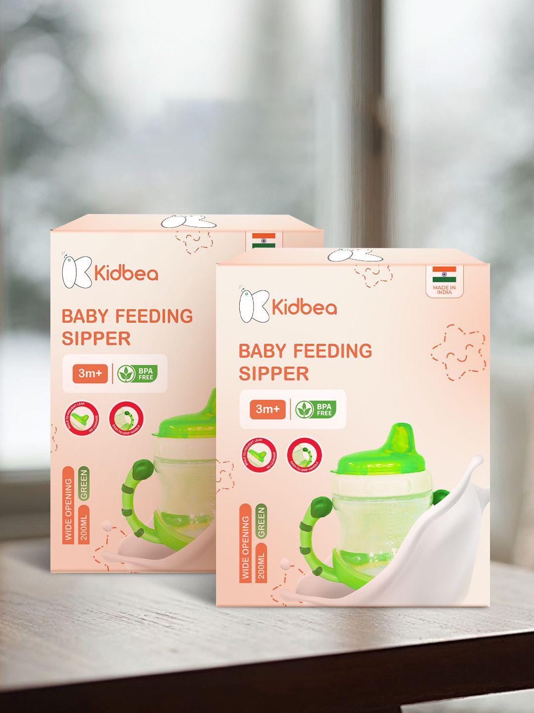 Kidbea Infants 2-Pcs Green & Transparent BPA Free Baby Sippers 200ml Each