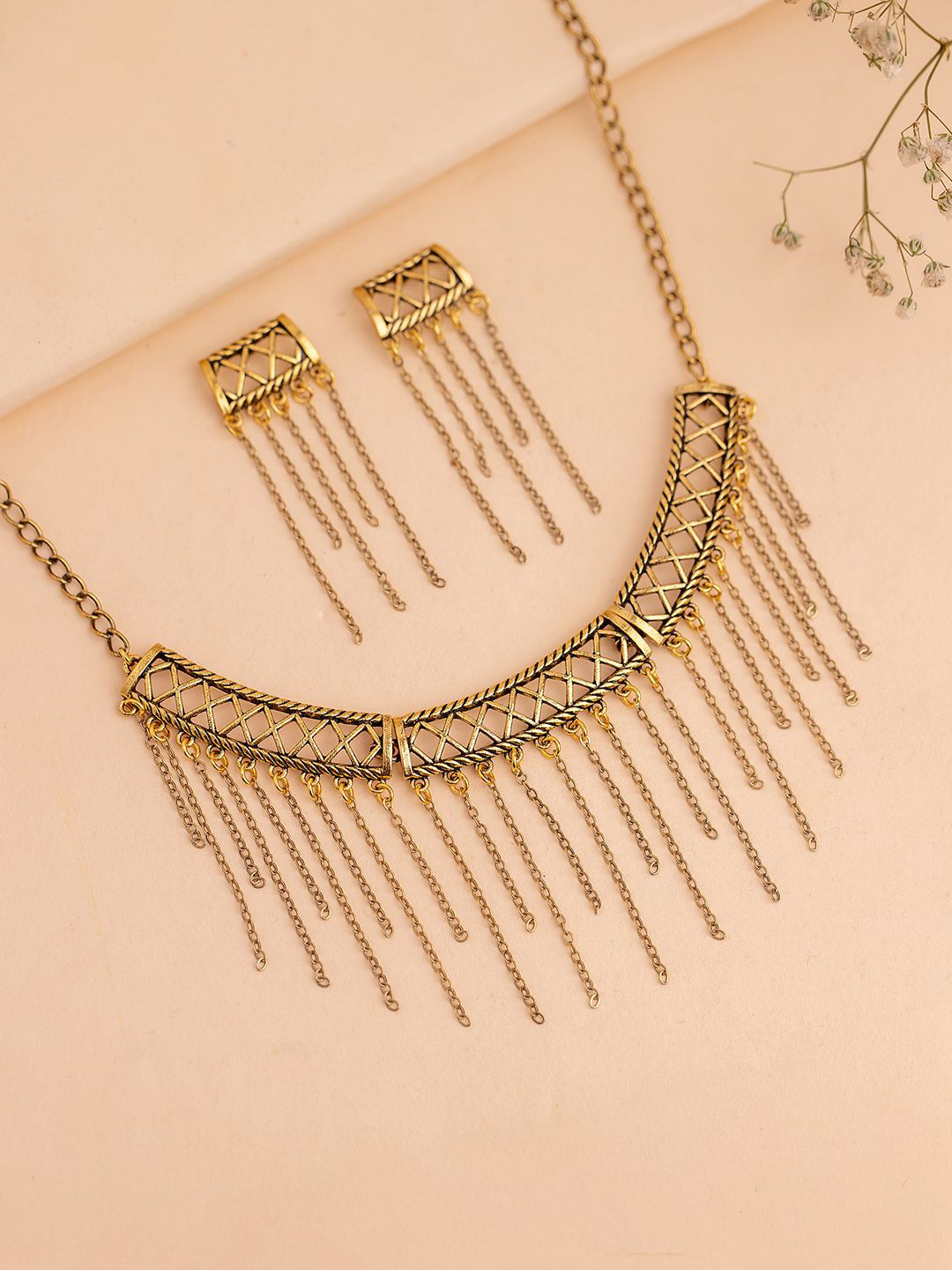 Voylla Gold-Plated Fringes Intercrossed Collar Jewellery Set