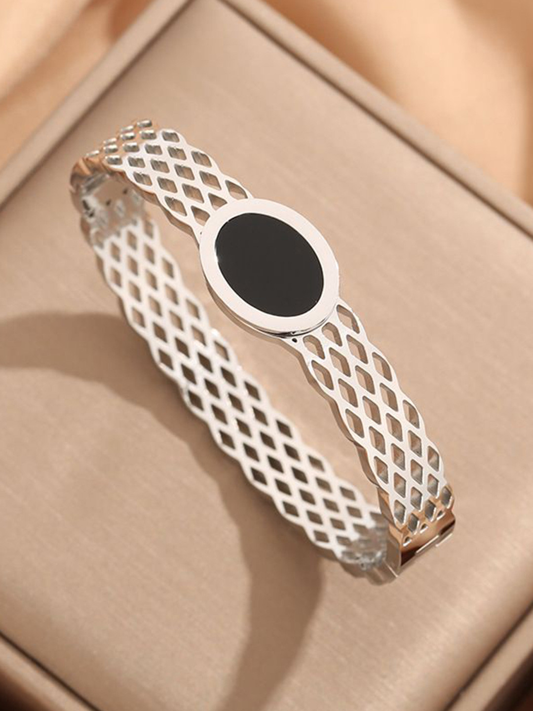 Aiza Silver Plated Enamel Oval Charm Bangle Bracelet