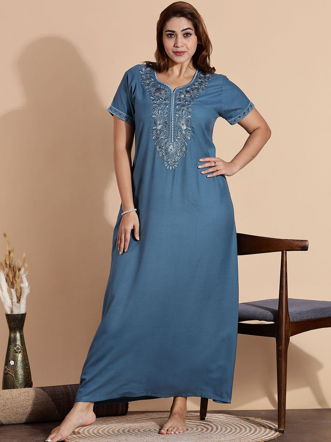 9shines Label Alpine Women Ethnic Motifs Embroidered Maxi Nightdress