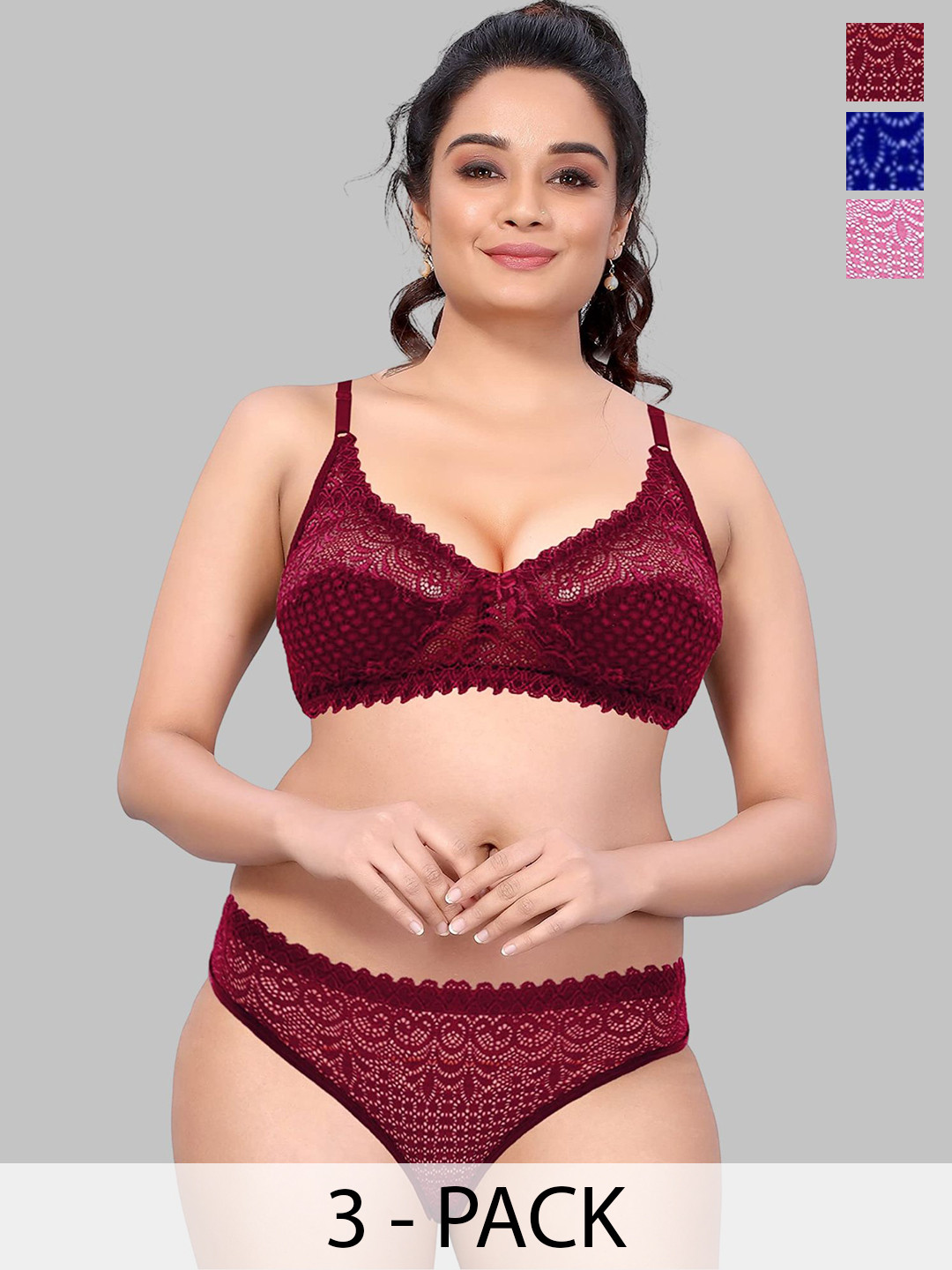DHANDAI FASHION Pack Of 3 Non Padded Lingerie Set Decent Set-Maroon Pink Blue (M-3-3P)