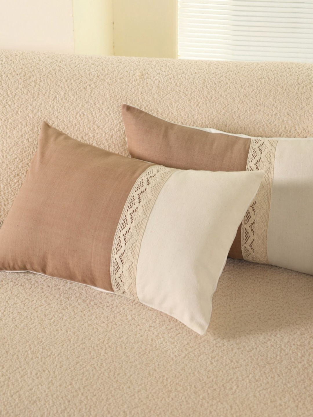 Peepul Tree Taupe & Off White 2 Pieces Crochet Rectangle Cotton Cushion Covers