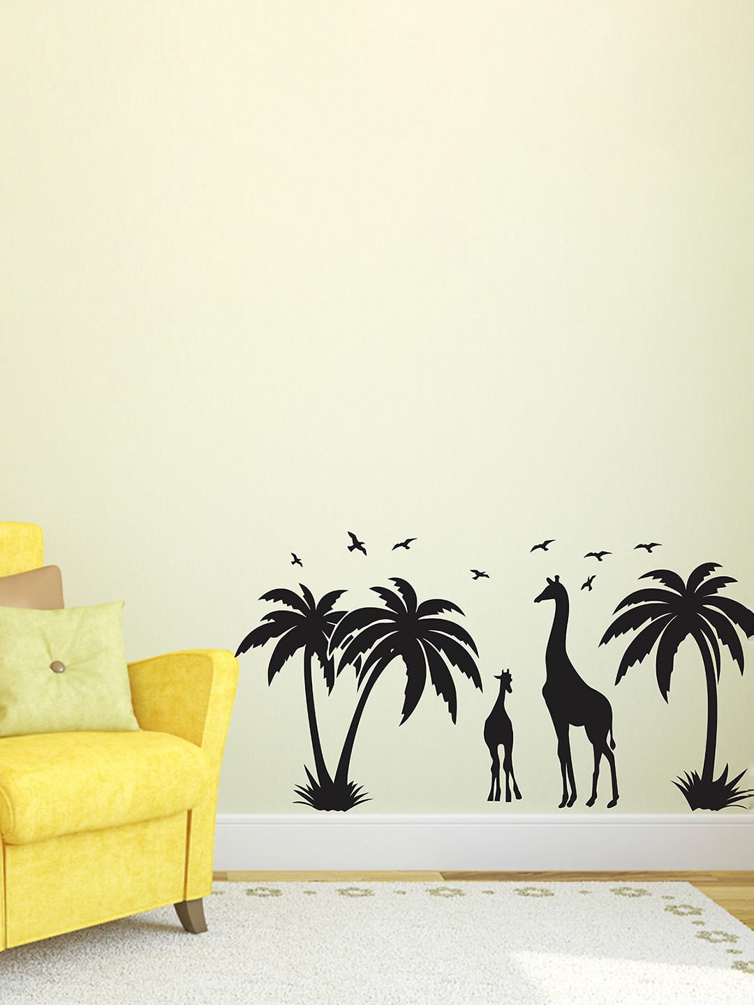 LANSTICK Black Printed Coconut Tree With Giraffe Wall Sticker