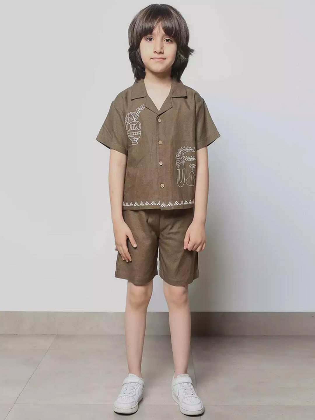 FAYEZFASHION Boys Embroidered Short Sleeves Pure Cotton Shirt With Shorts