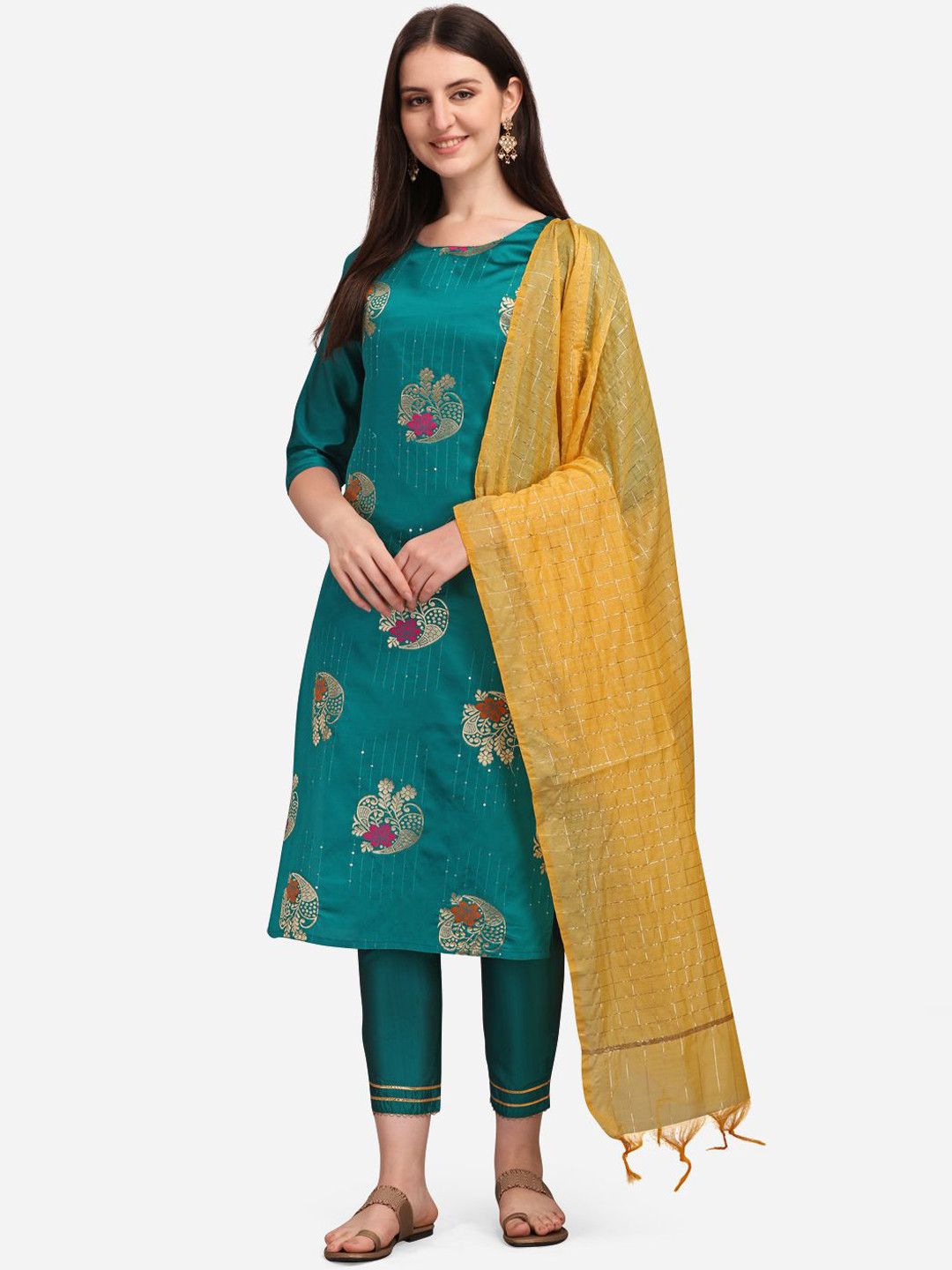 Women Woven Design Kurta with Trousers & Dupatta