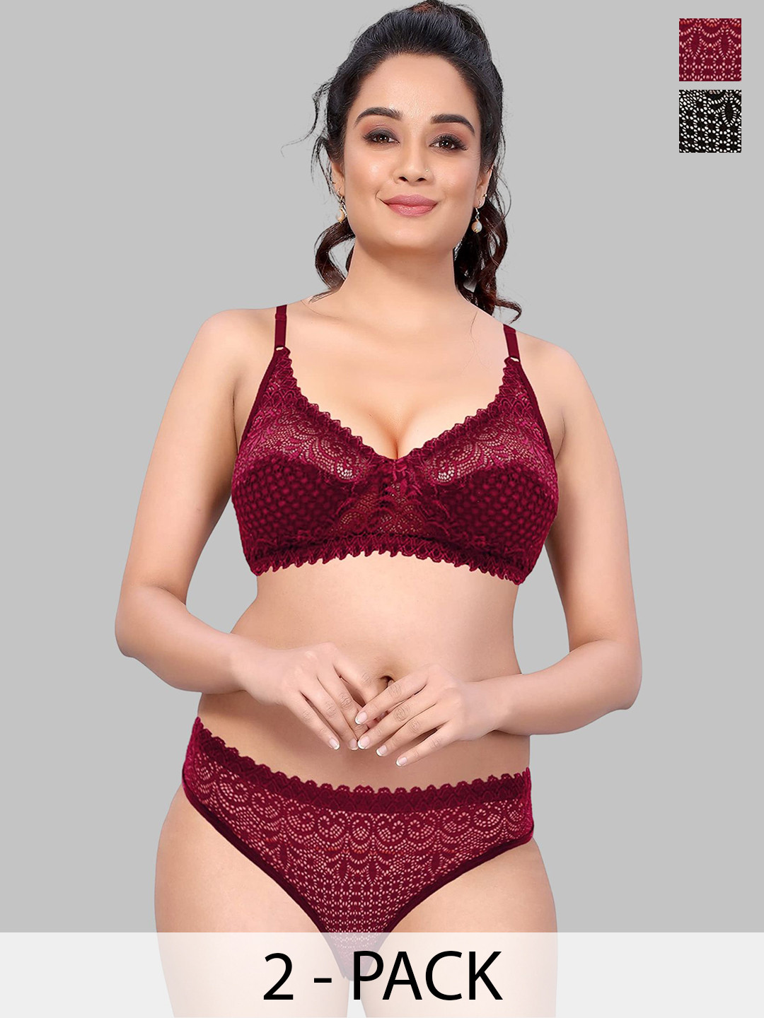 DHANDAI FASHION Pack Of 2 Non Padded Lingerie Set Decent Set-Black Maroon (M-3-2P)