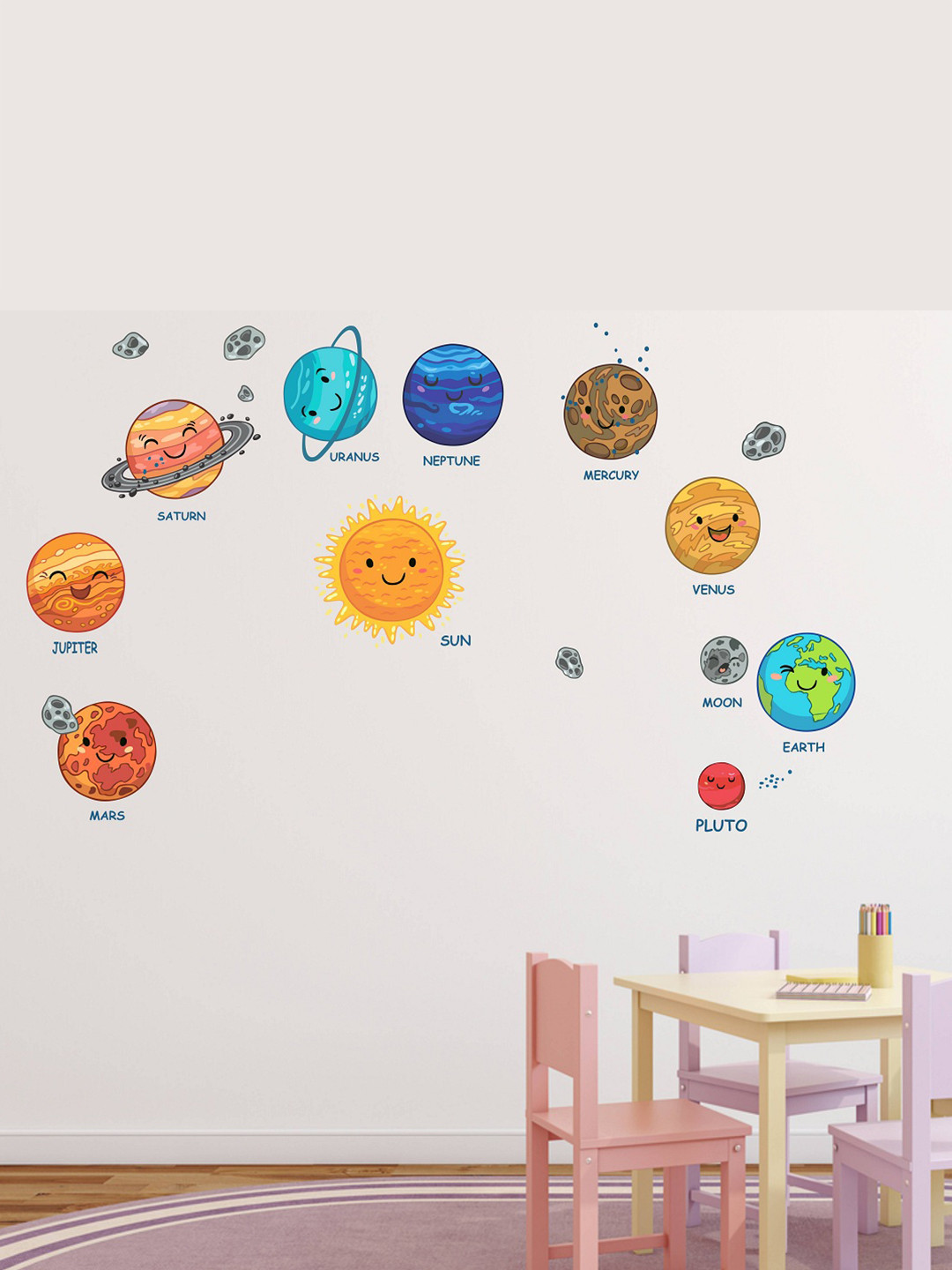 LANSTICK Orange-Colored & Blue Printed Solar System Wall Sticker