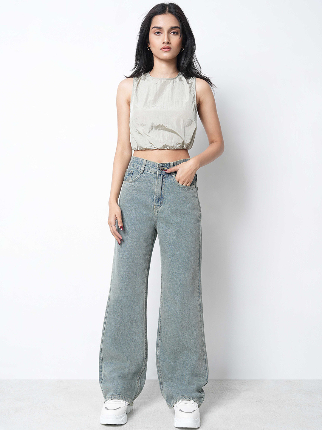 ZUYA Casual Super Wide Leg Non Stretch Solid Jeans