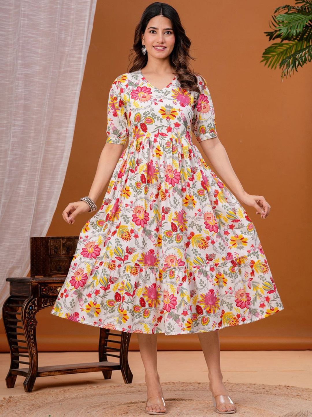 ANUOM Women Floral Printed V-Neck Cotton Midi Dress
