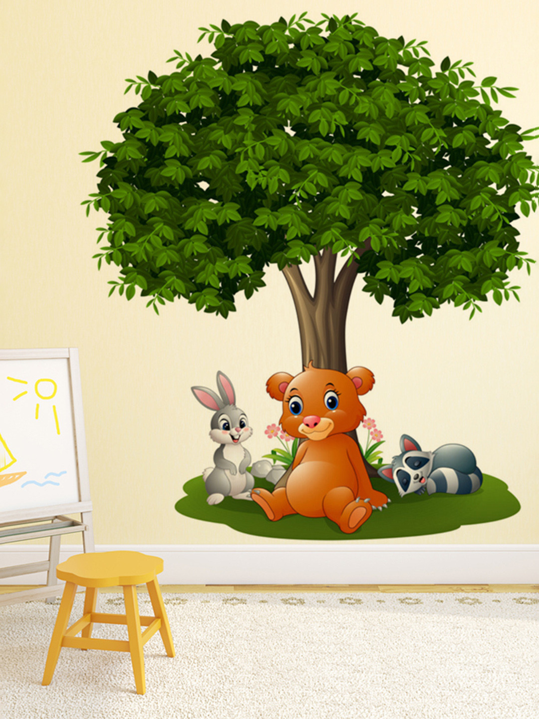 LANSTICK Green & Brown Printed Tree With Animals Wall Sticker