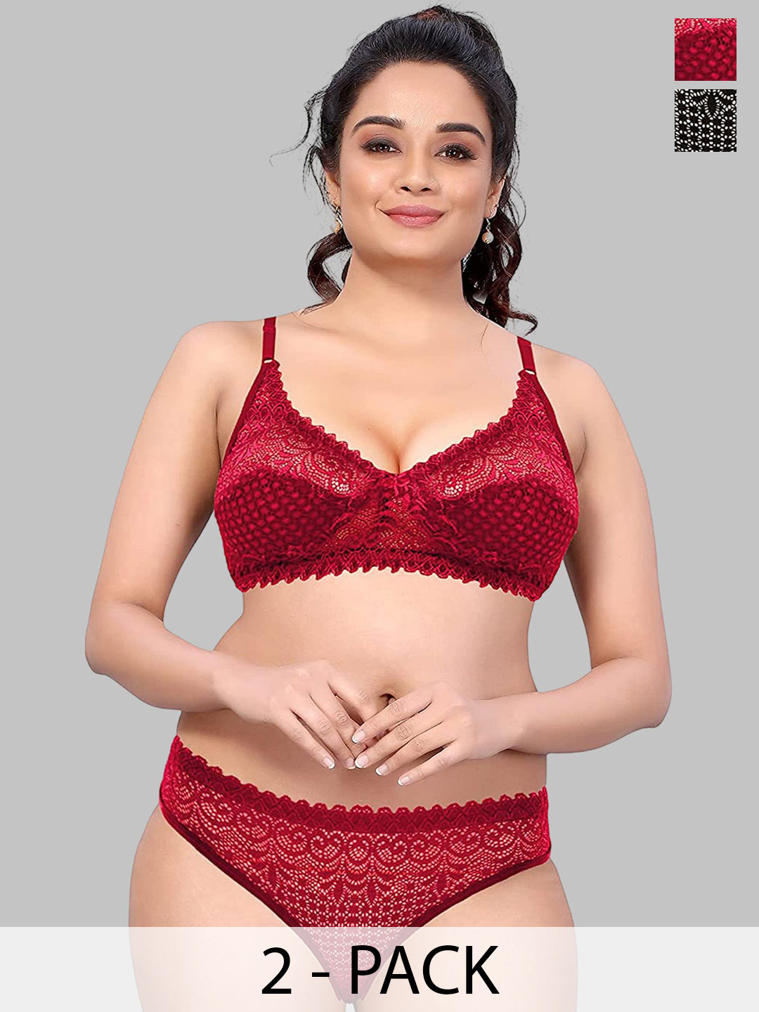 DHANDAI FASHION Pack Of 2 Non Padded Lingerie Set Decent Set-Black Red (M-3-2P)(M3P)