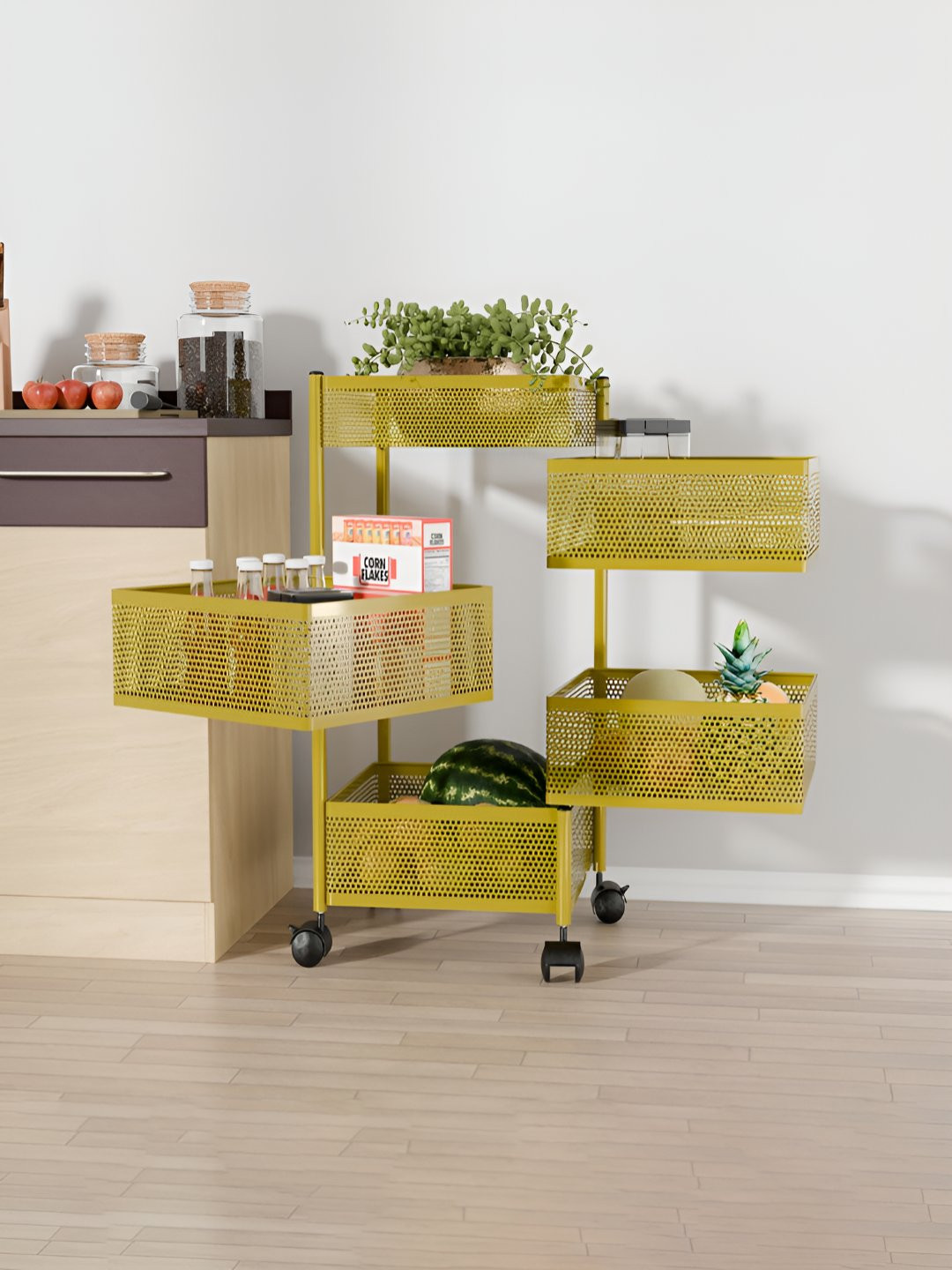 RUBOXA Gold-Toned Metal Multi-Purpose Kitchen Organizer With Wheels