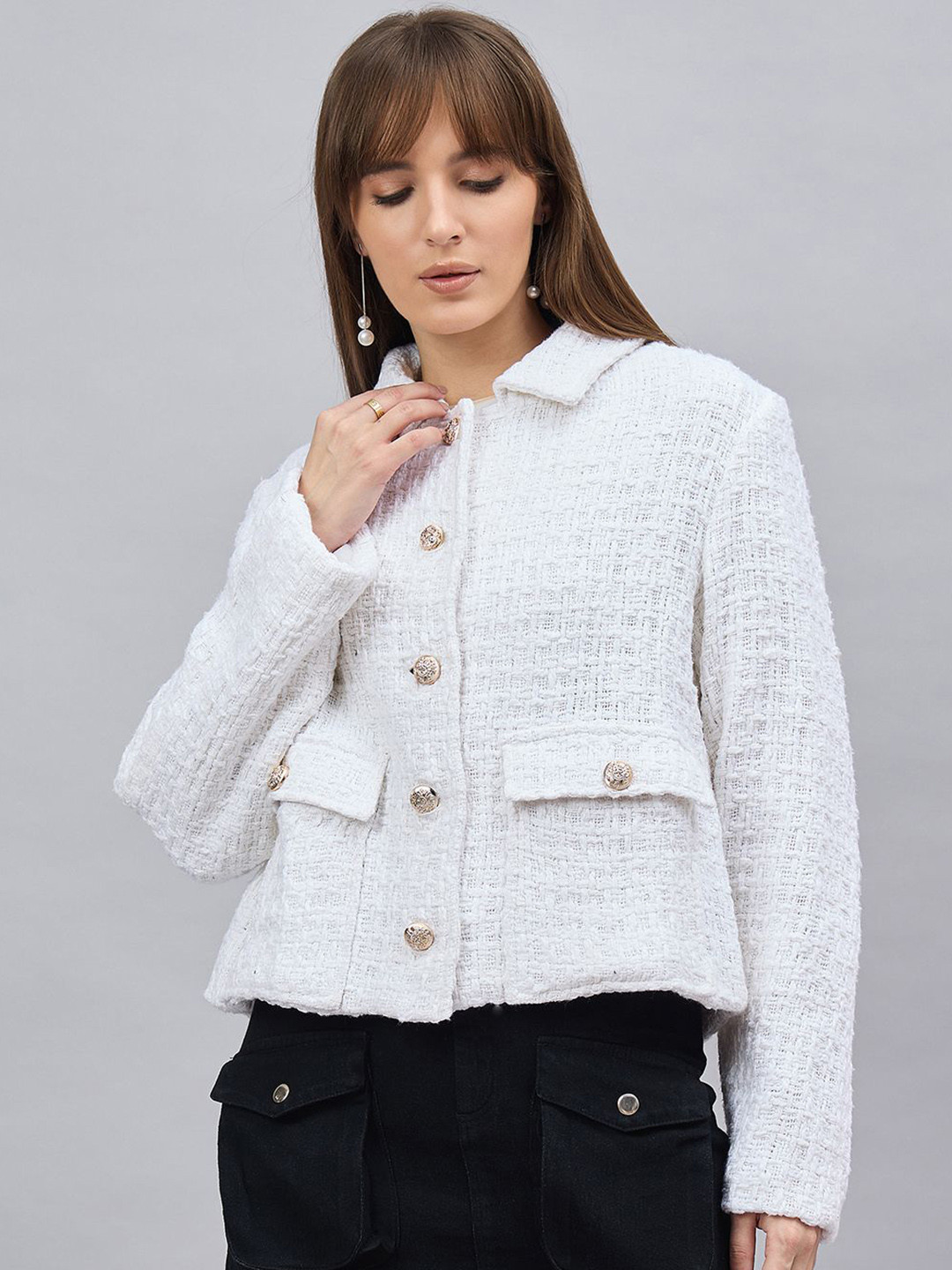 all about you Self-Designed Shirt Collar Single-Breasted Crop Blazer