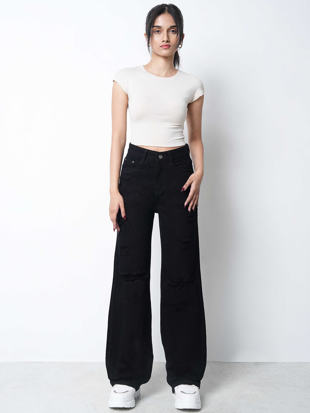 ZUYA Women Casual Super Wide Leg Non Stretch Torn Jeans