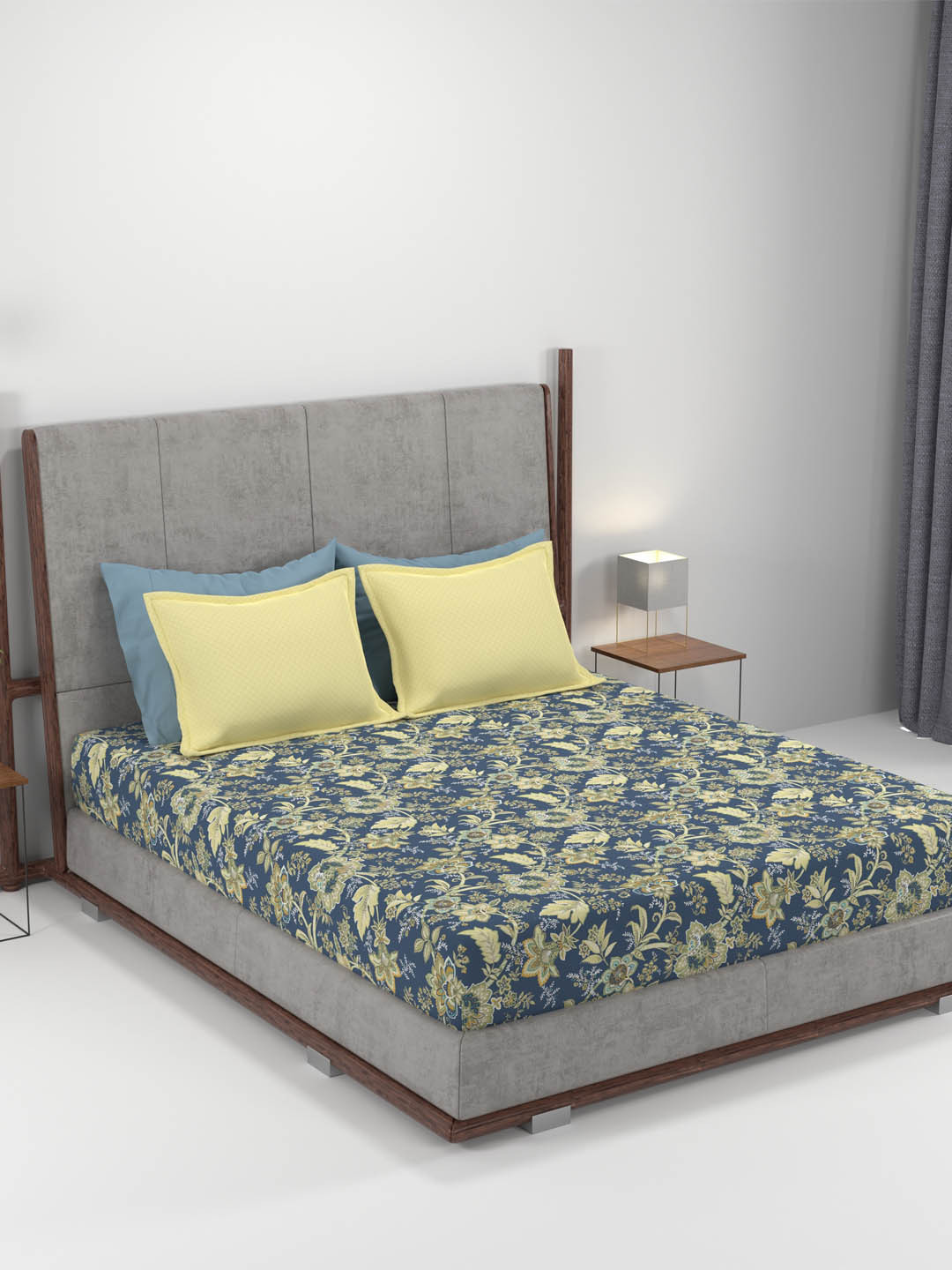 MYTRIDENT Home Essential Blue Floral Cotton 144 TC Double King Bedsheet Set-2.74mX2.74m