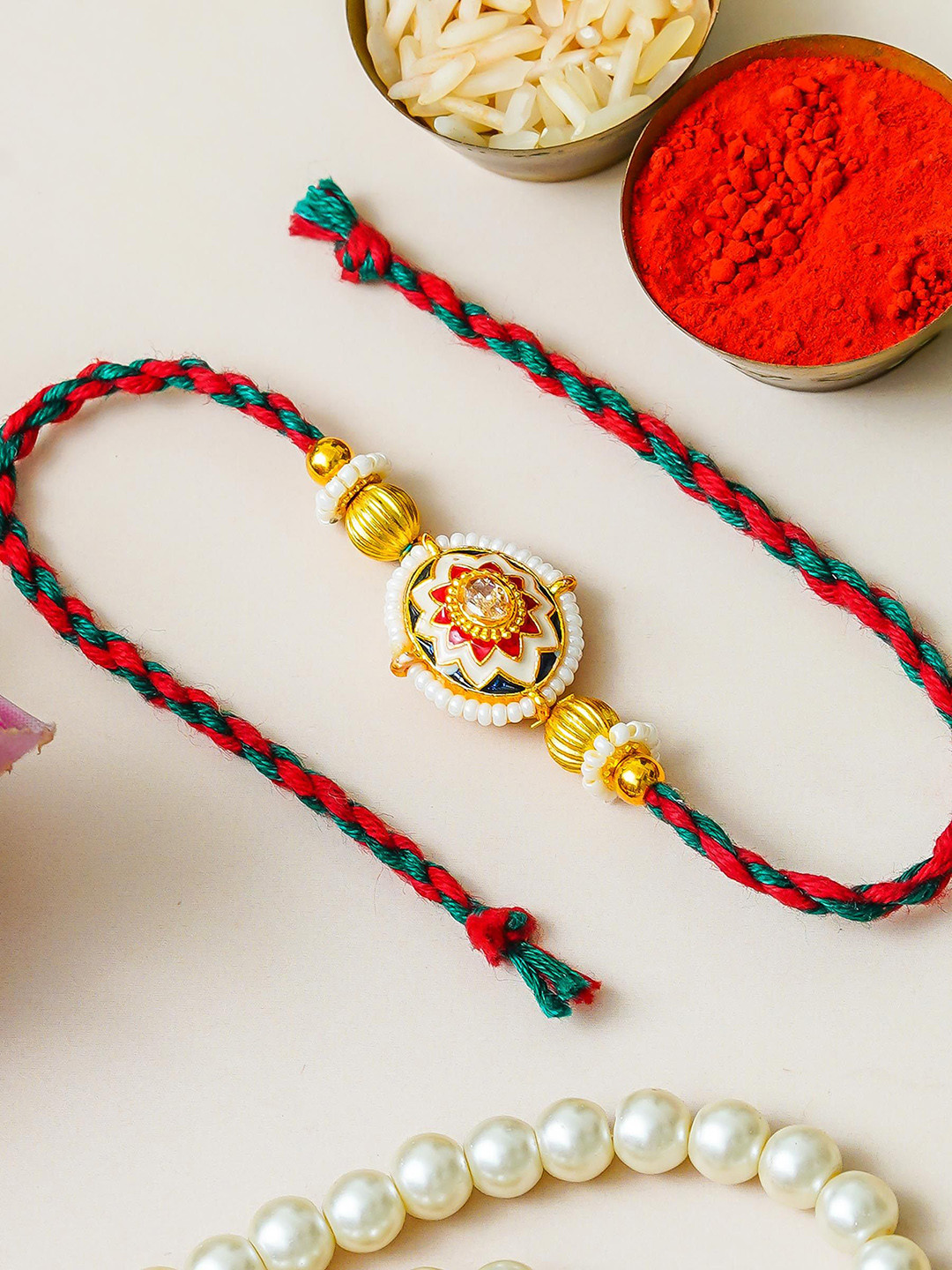 ahoora Kundan Studded & Pearls Beaded Thread Rakhi Chawal & Kumkum
