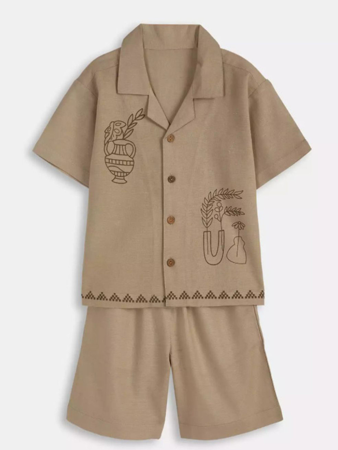 aon fashion Boys Embroidered Short Sleeves Pure Cotton Shirt With Shorts