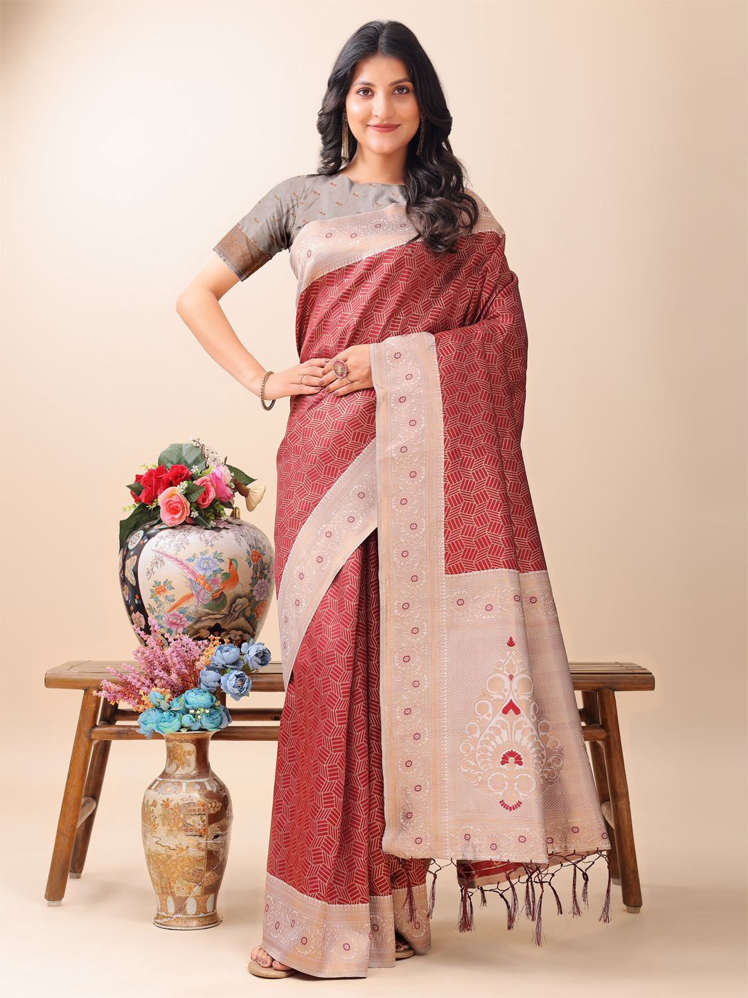 Pandadi Saree Geometric Woven Design Zari Saree