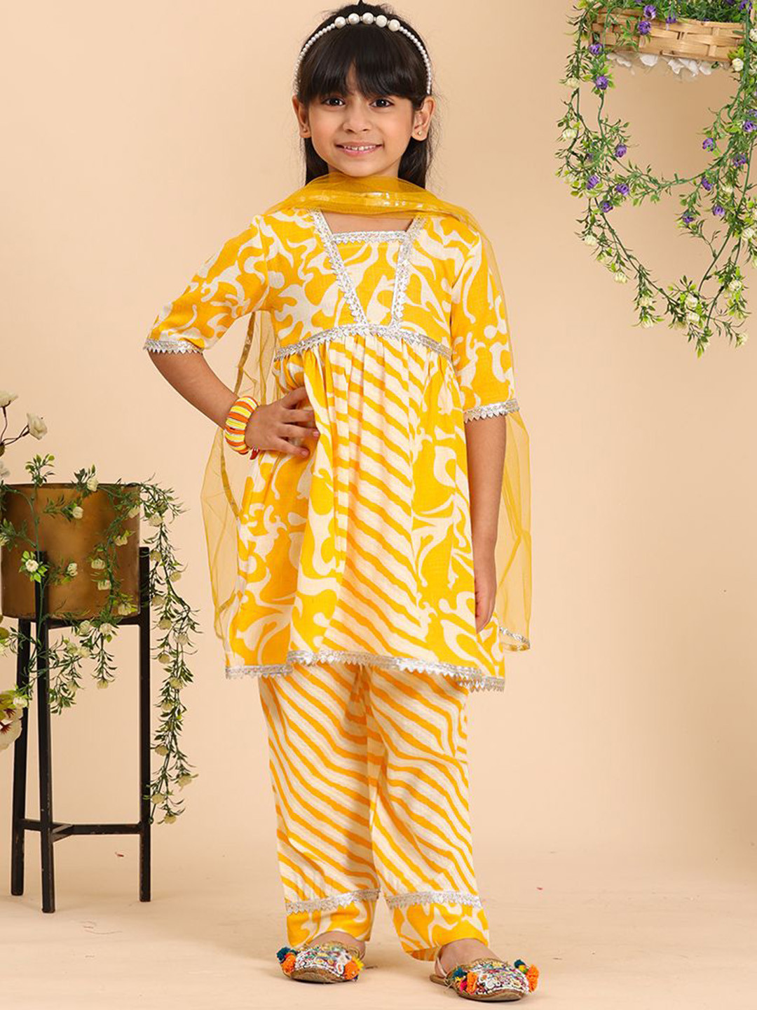 Girls Striped Kurta with Palazzos & Dupatta