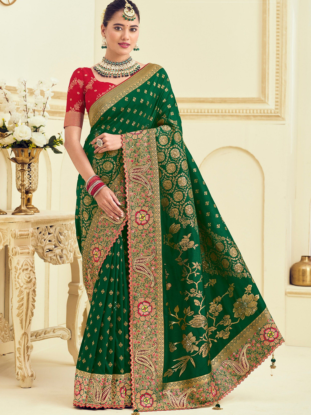 MAHALASA Ethnic Motifs Beads and Stones Kanjeevaram Saree