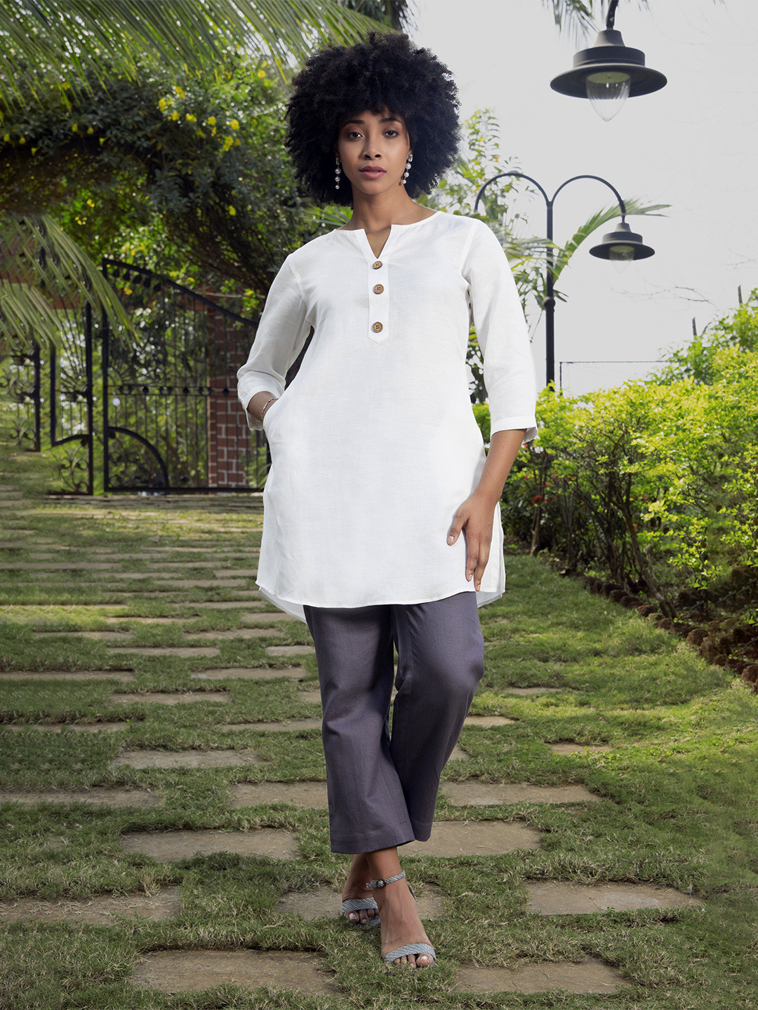ROAR FOR GOOD Off White Hemp Short Kurti with Round Neck Coconut Button & Side Pockets