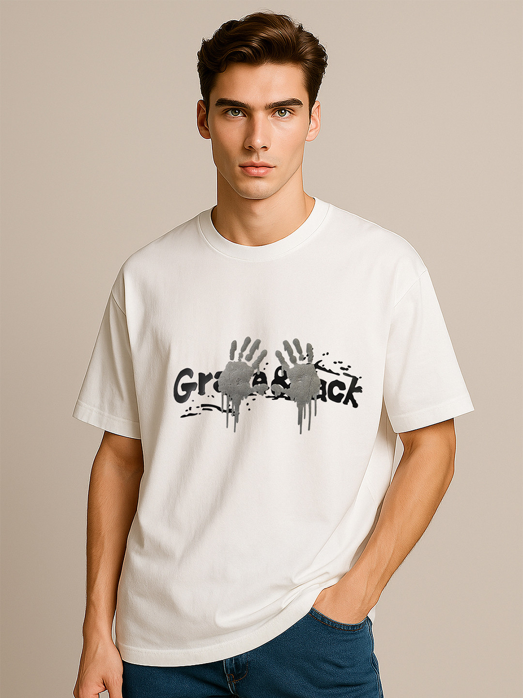 GRACE & JACK Men Graphic Printed Round Neck Oversized T-shirt