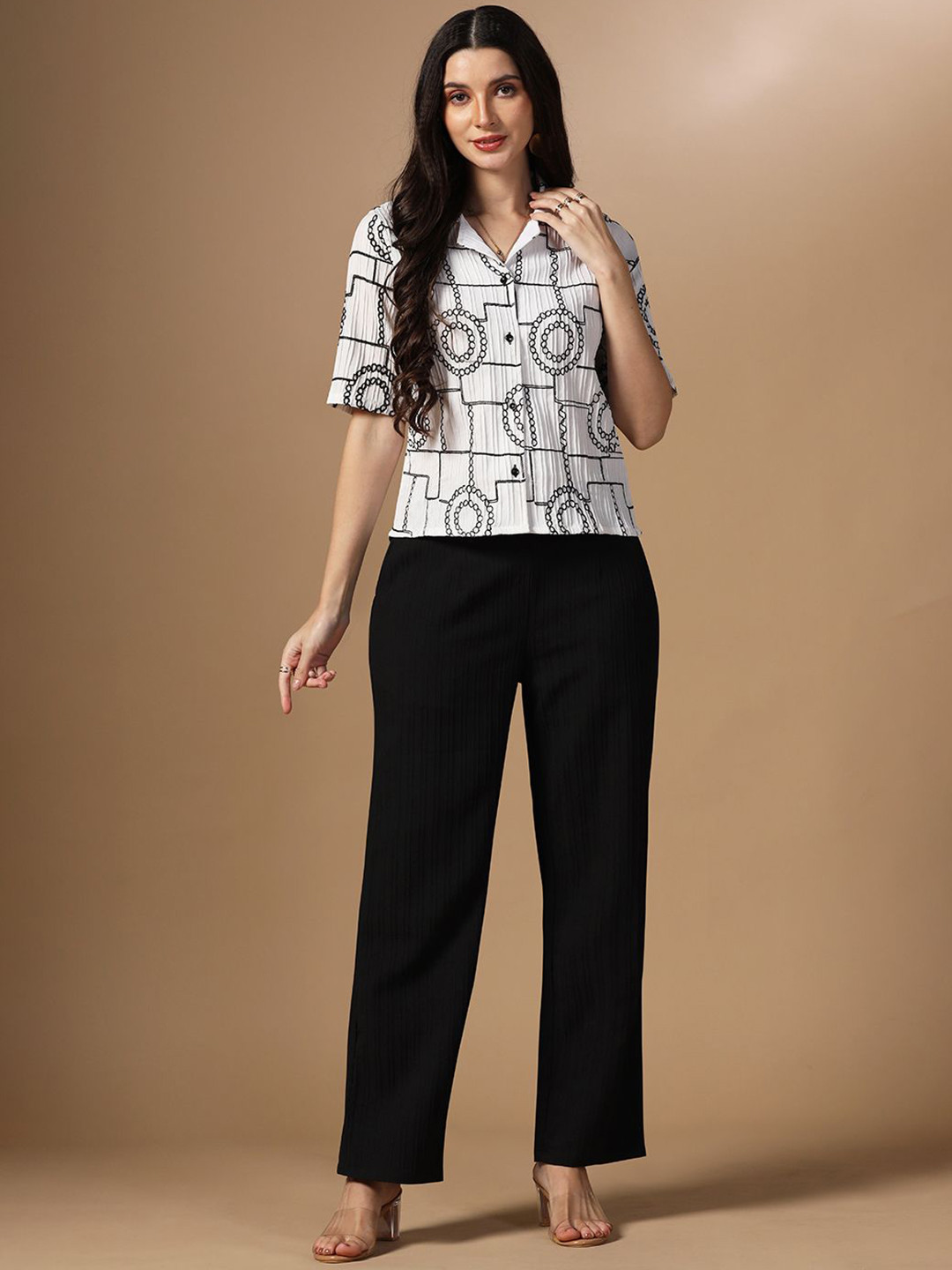 Moda Rapido Embroidered Collard Neck Short Sleeve Top With Trouser Co-Ords