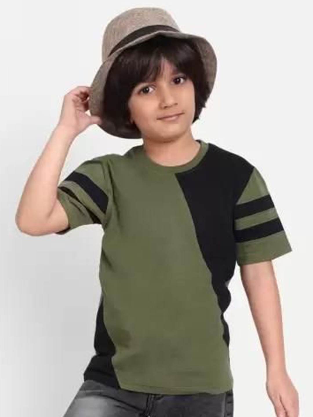 Rotaqo Boys Colourblocked Round Neck Cotton T-shirt