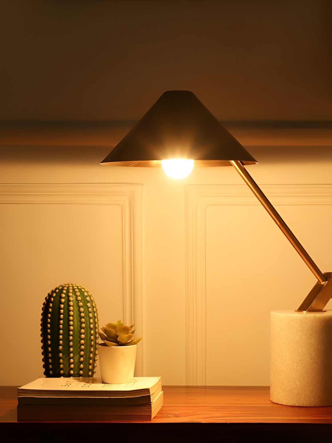 Decor de Maison Gold-Toned Cone Shade Lamp With Marble Base Showpiece