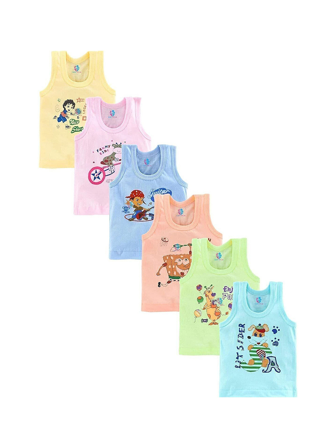 DESNUDA Infant Boys Pack Of 6 Printed Cotton Basic Vests dess_SHAMRIZ_BOYS_VEST_6_NO_45