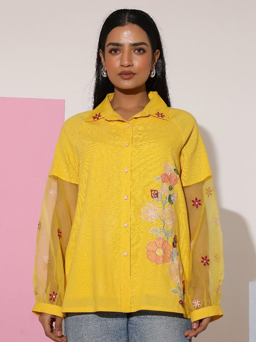 Zolo Label Women Sunflower Yellow Floral Embroidered Shirt Top
