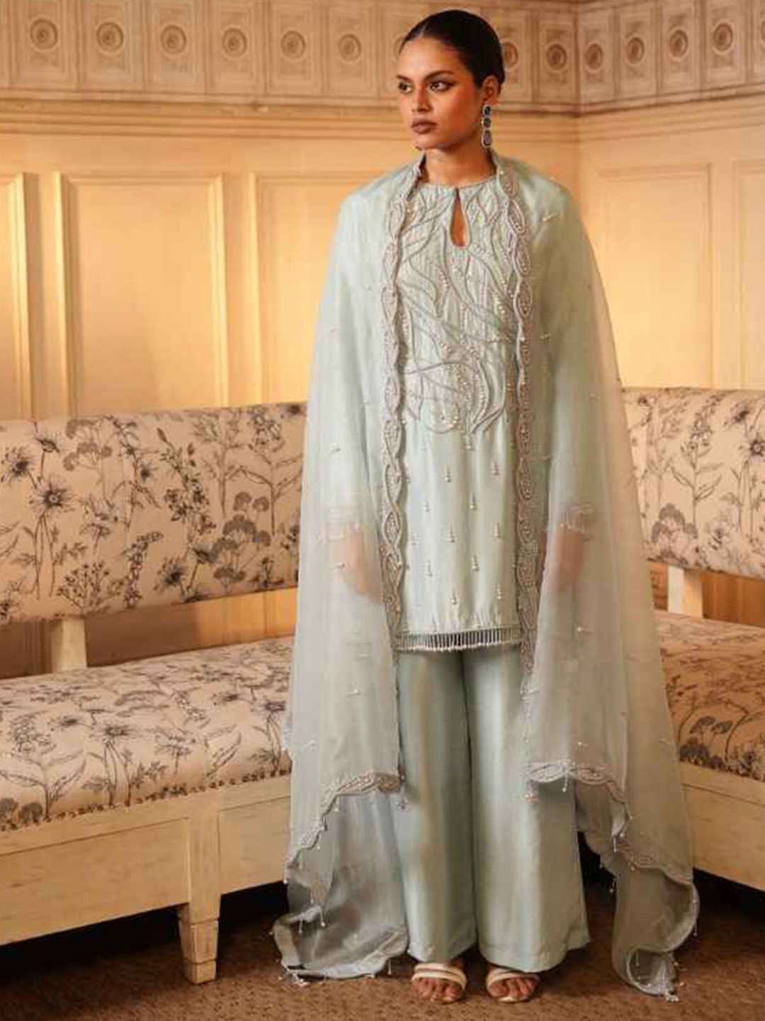 MIDUSHI BAJORIA Embellished Key Hole Neck Chanderi Silk Kurta With Sharara & Dupatta