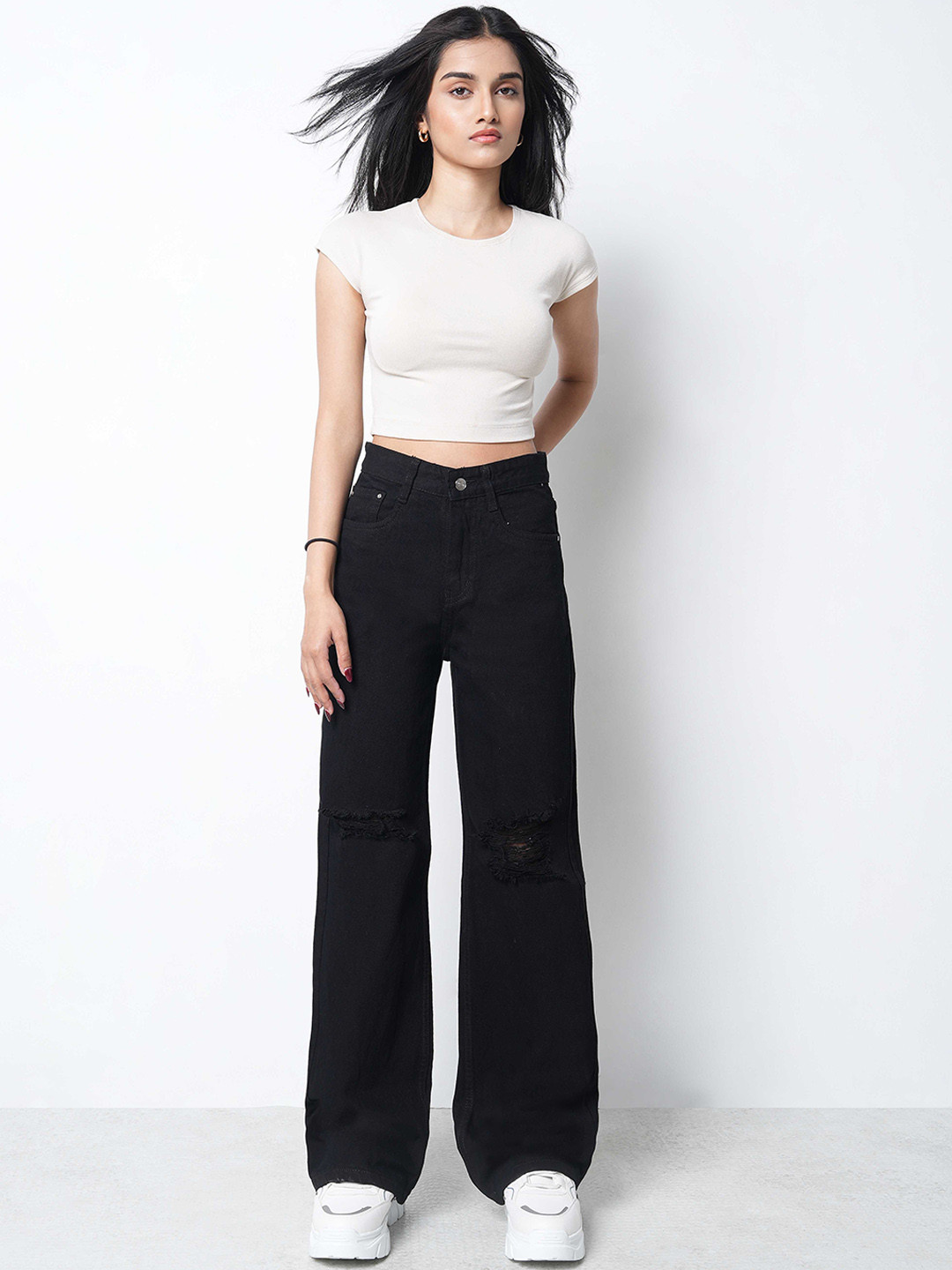 ZUYA Casual Super Wide Leg Non Stretch Torn Wisker Jeans