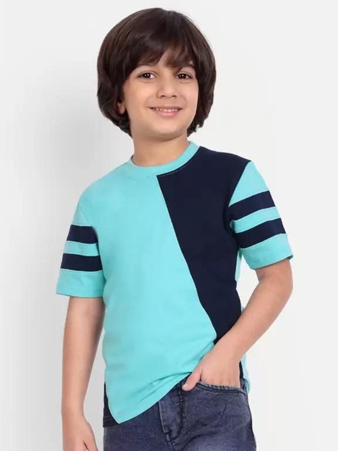 Rotaqo Boys Colourblocked Round Neck Cotton T-shirt