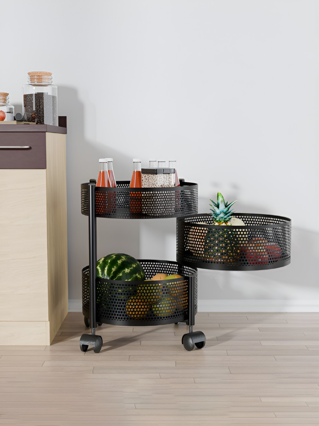 RUBOXA Black 2+1 Layer Anti-Rust Round Shape Multi-Purpose Kitchen Organizer
