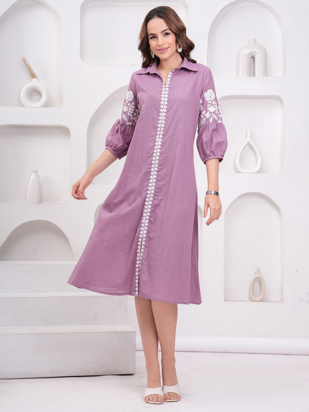 Zenava by Myntra Shirt Collar A-Line Midi Dress