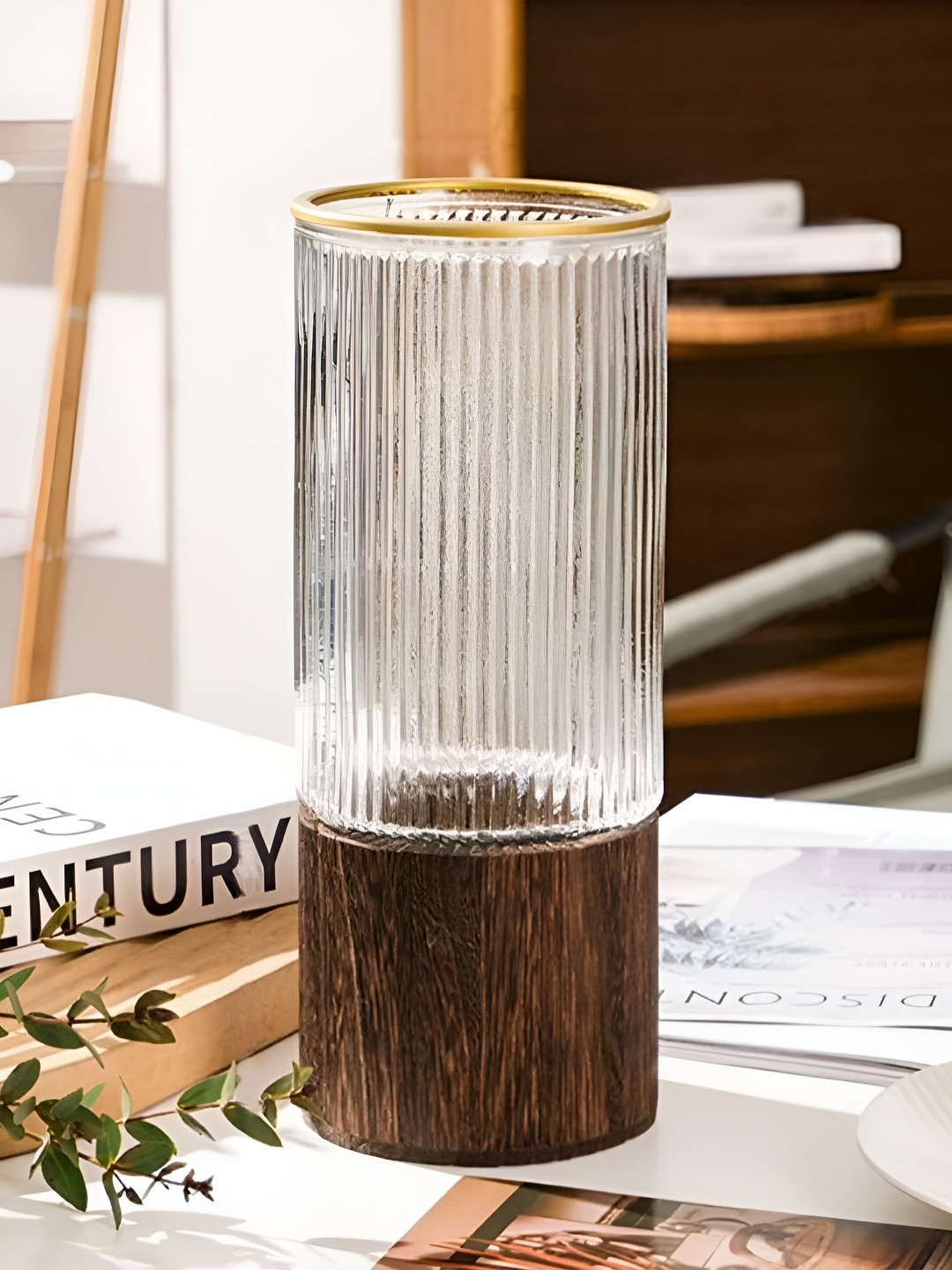 Art Street Brown & Transparent Striped Glass Flower Vase