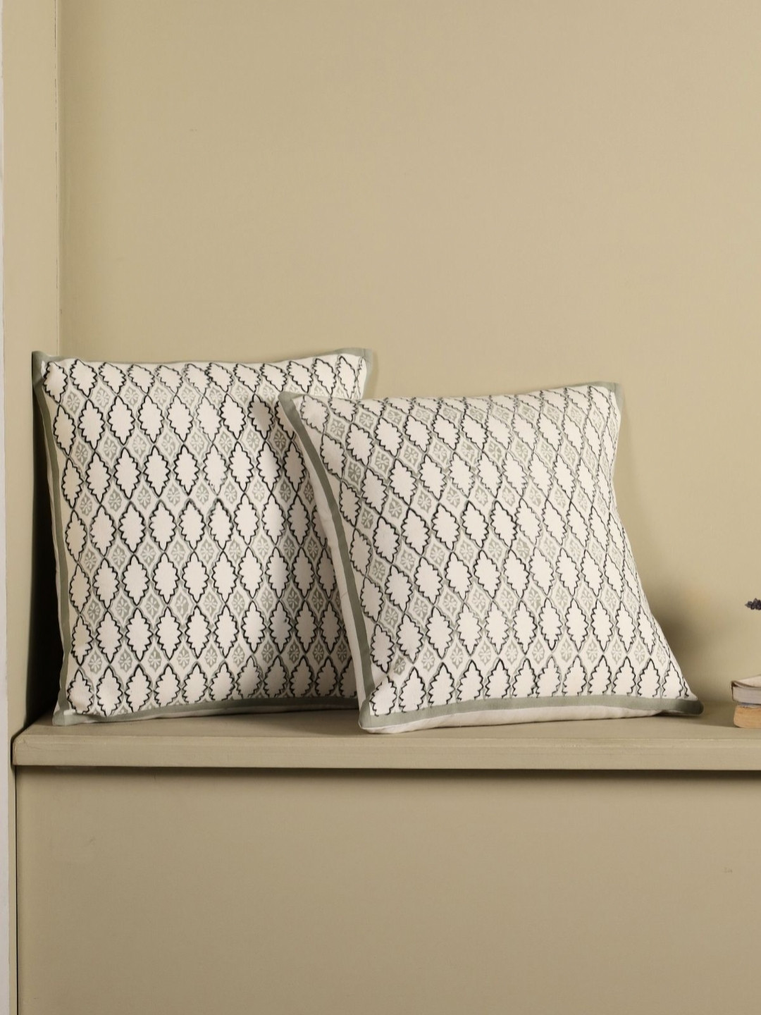 Peepul Tree Off White 2 Pieces Geometric Square Cotton Cushion Covers
