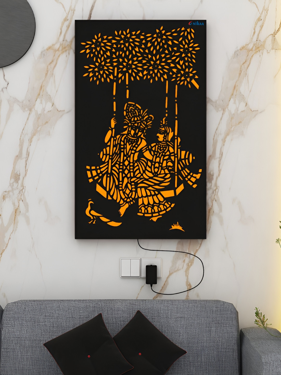 ANIKAA Divyalok Black & Orange-Colored Radha Krishna Swing Wall Art