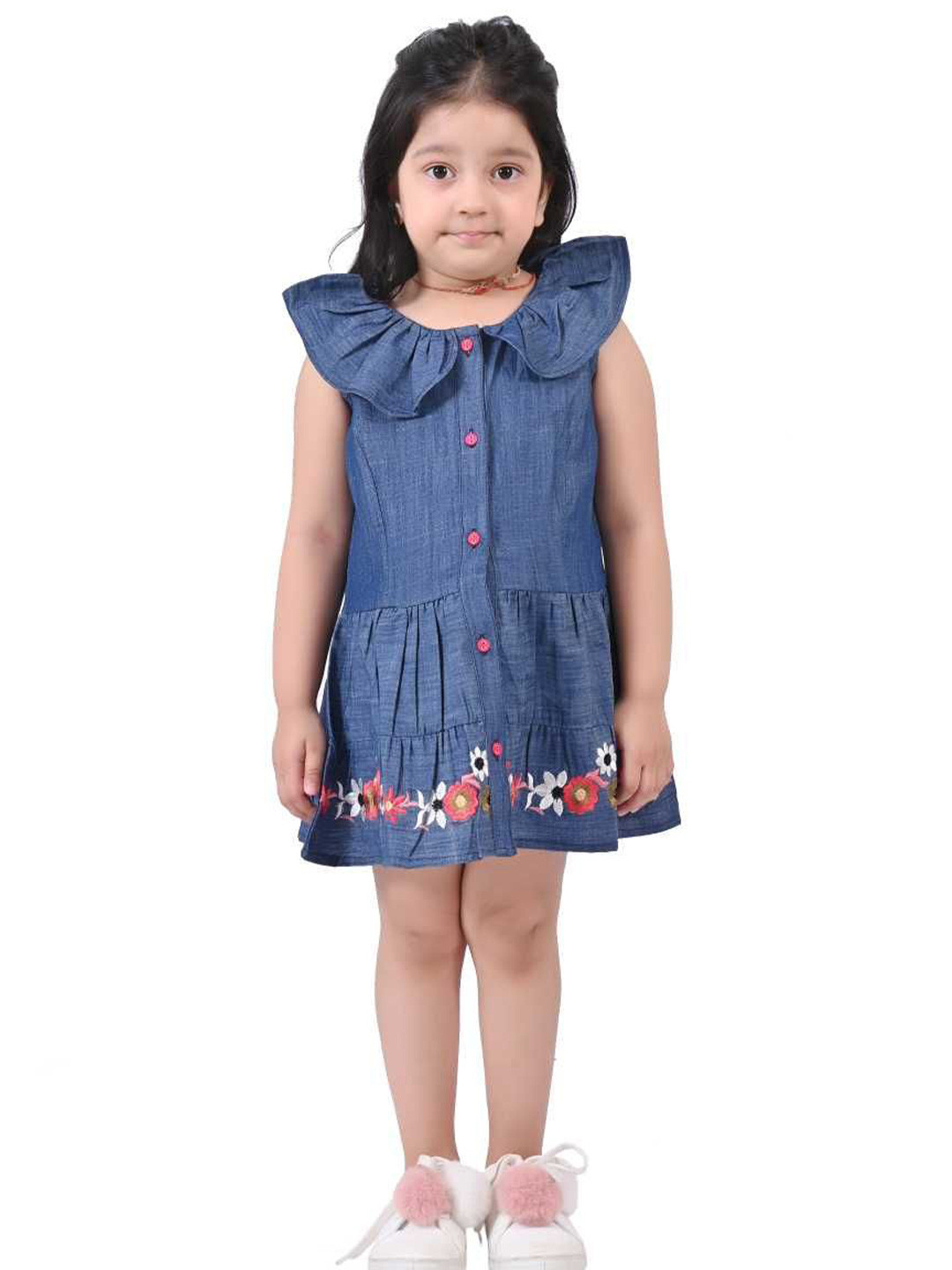 Cloth Bites Girls Peter Pan Collar Embroidered Pure Cotton Denim Fit & Flare Dress