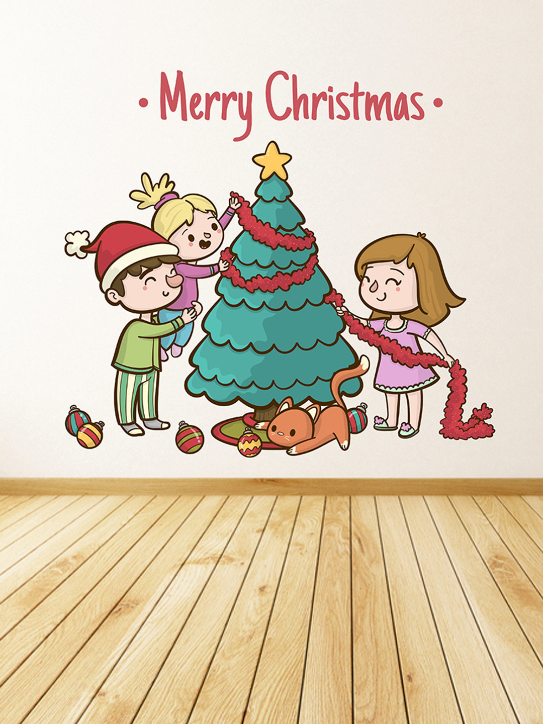 LANSTICK Blue & Purple Printed Merry Christmas With Children Wall Sticker