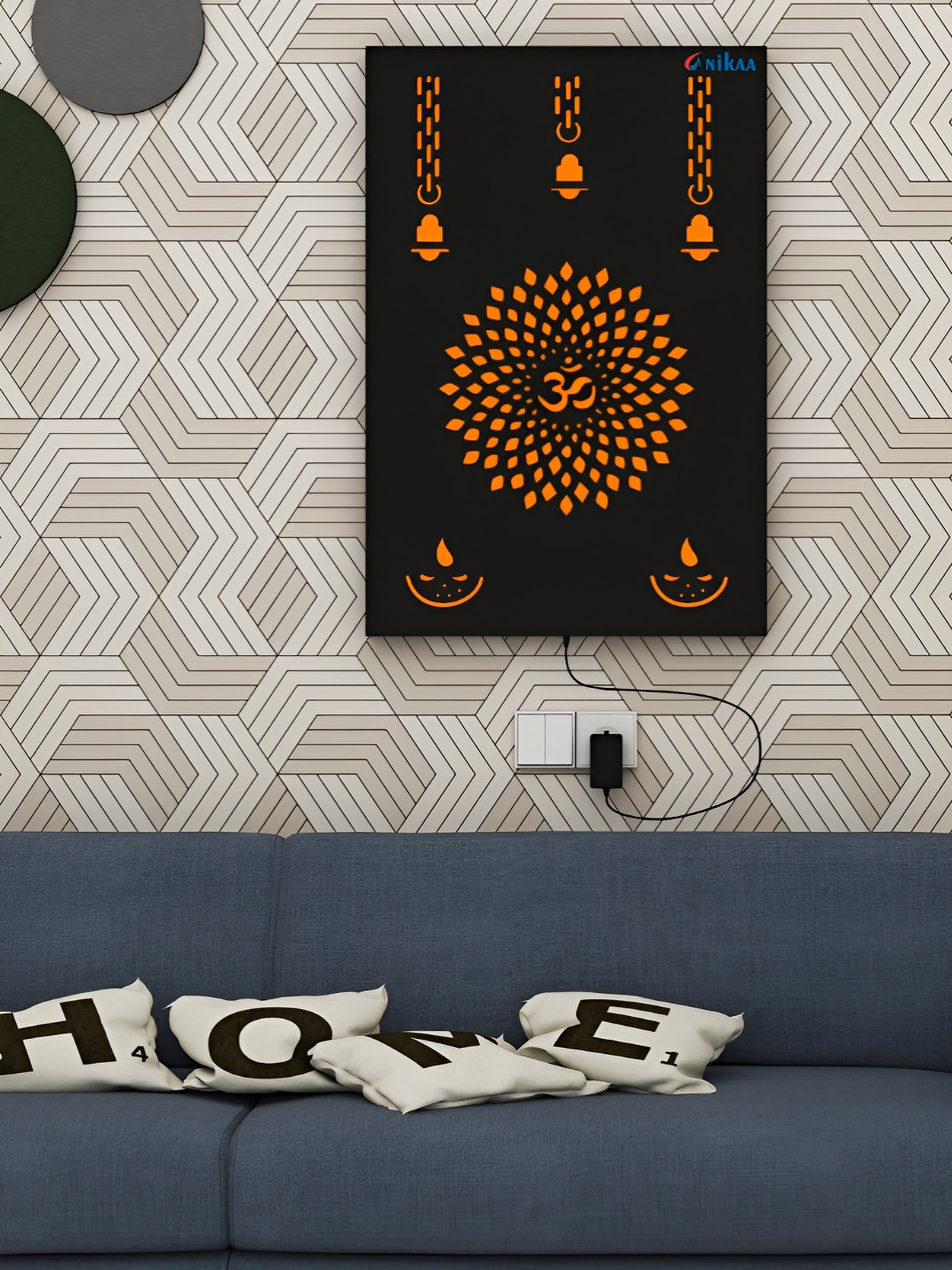 ANIKAA DivineGlow Black & Orange-Colored Om Wooden Panel Wall Art