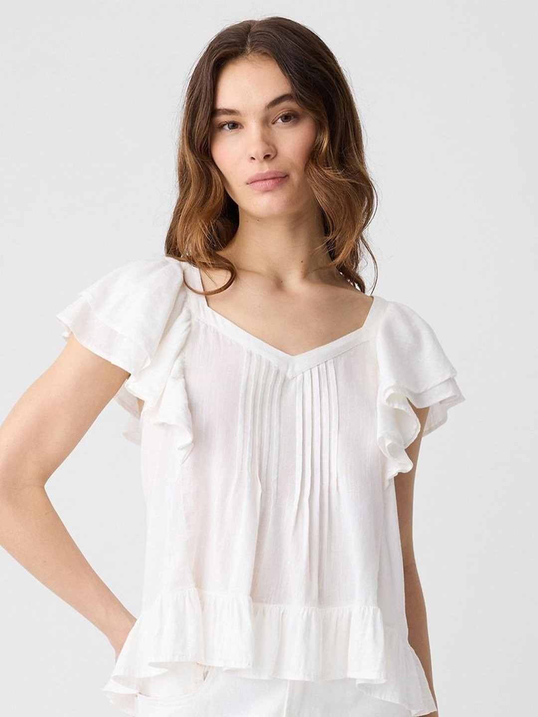 GAP Women Pure Cotton Pintuck V-Neck Ruffle Sleeves Top