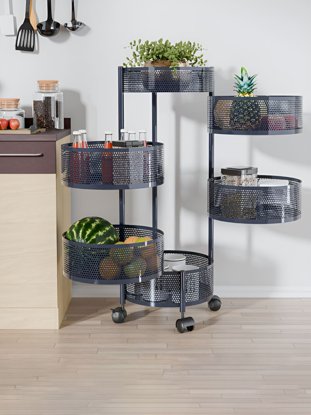 RUBOXA Grey Metal 5+1 Layer Kitchen Trolley Storage Rack With Wheels