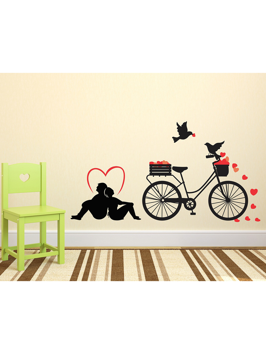 LANSTICK Black & Red Printed Couple With Cycle Ride Wall Sticker